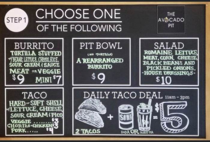 Page 1 of menu, The Avocado Pit Bennington, VT