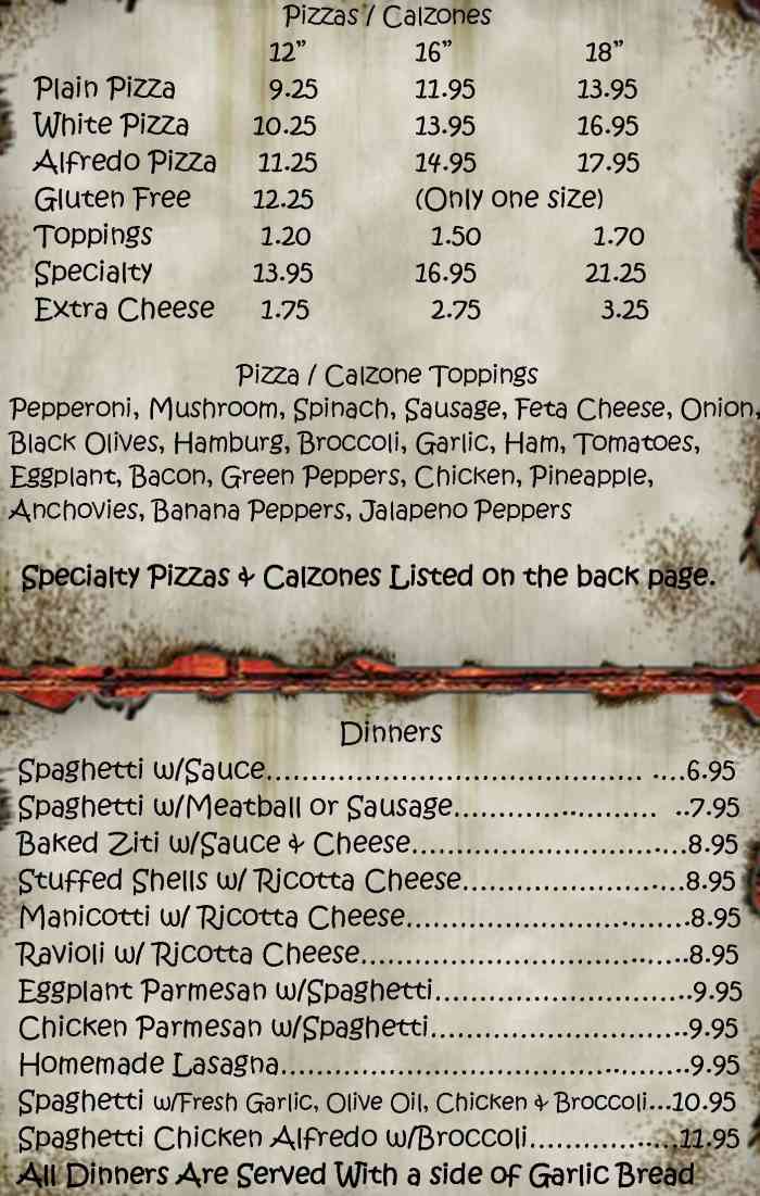 Page 2 of menu, Bennington Pizza House Bennington, VT