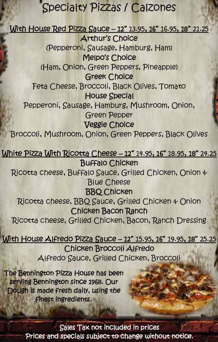 Page 3 of menu, Bennington Pizza House Bennington, VT