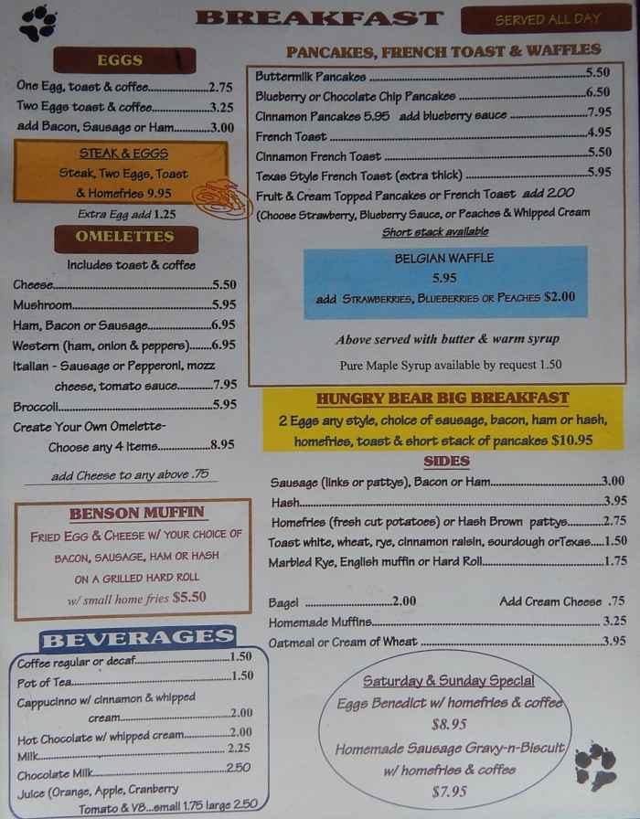 Page 1 of menu, Benson's Family Restaurant Eagle Bridge, NY