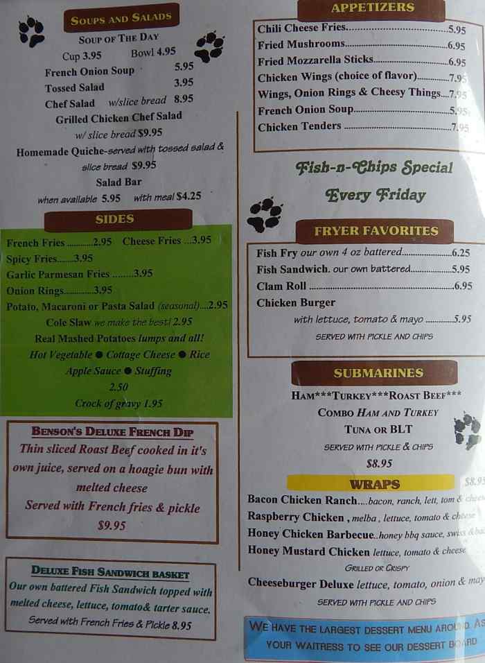 Page 2 of menu, Benson's Family Restaurant Eagle Bridge, NY