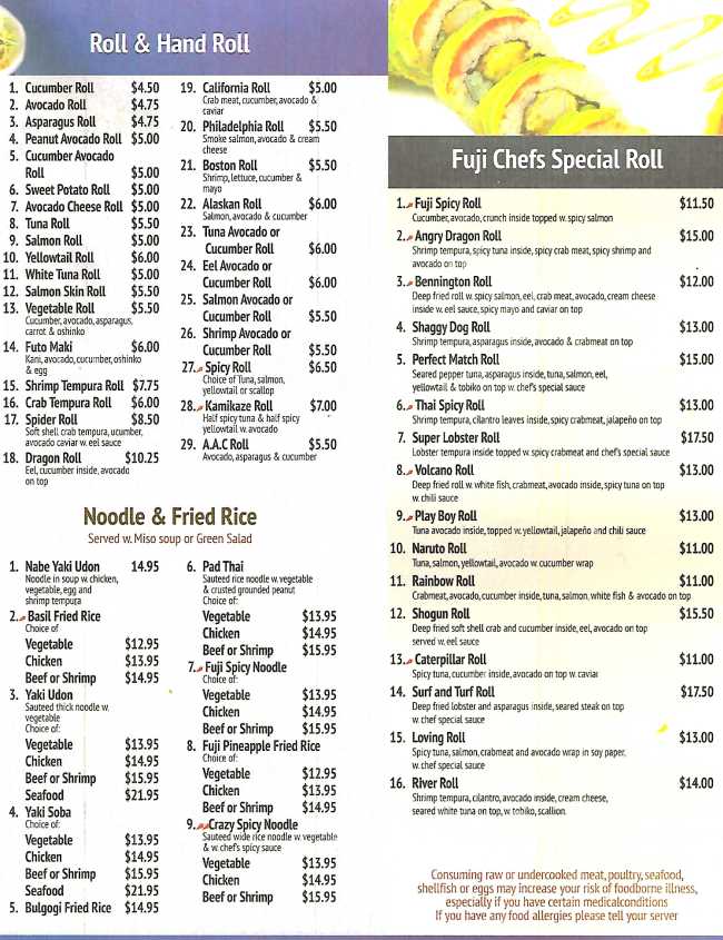 Page 2 of menu, Fuji Hibachi & Asian Bistro Bennington, VT