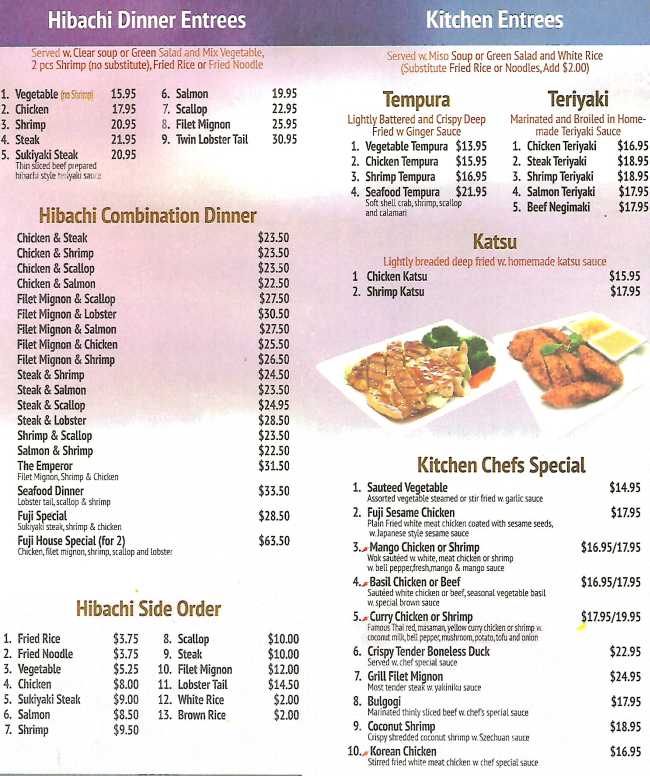 Page 3 of menu, Fuji Hibachi & Asian Bistro Bennington, VT