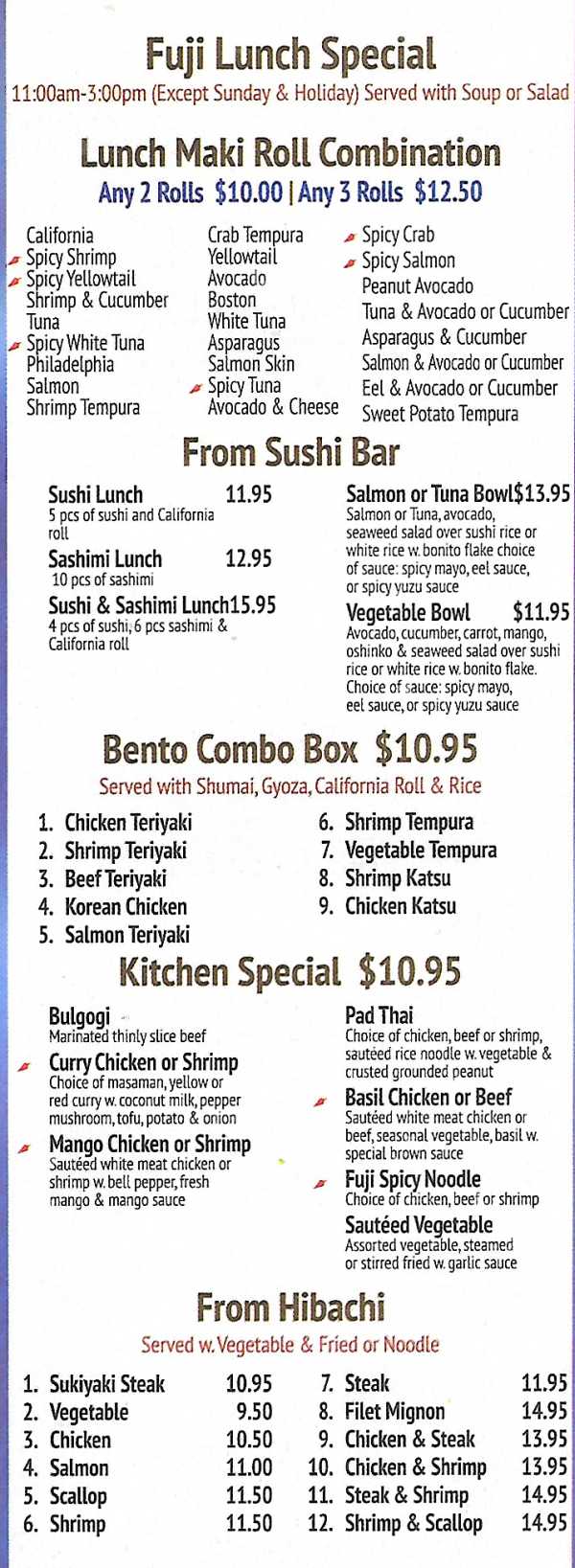 Page 4 of menu, Fuji Hibachi & Asian Bistro Bennington, VT