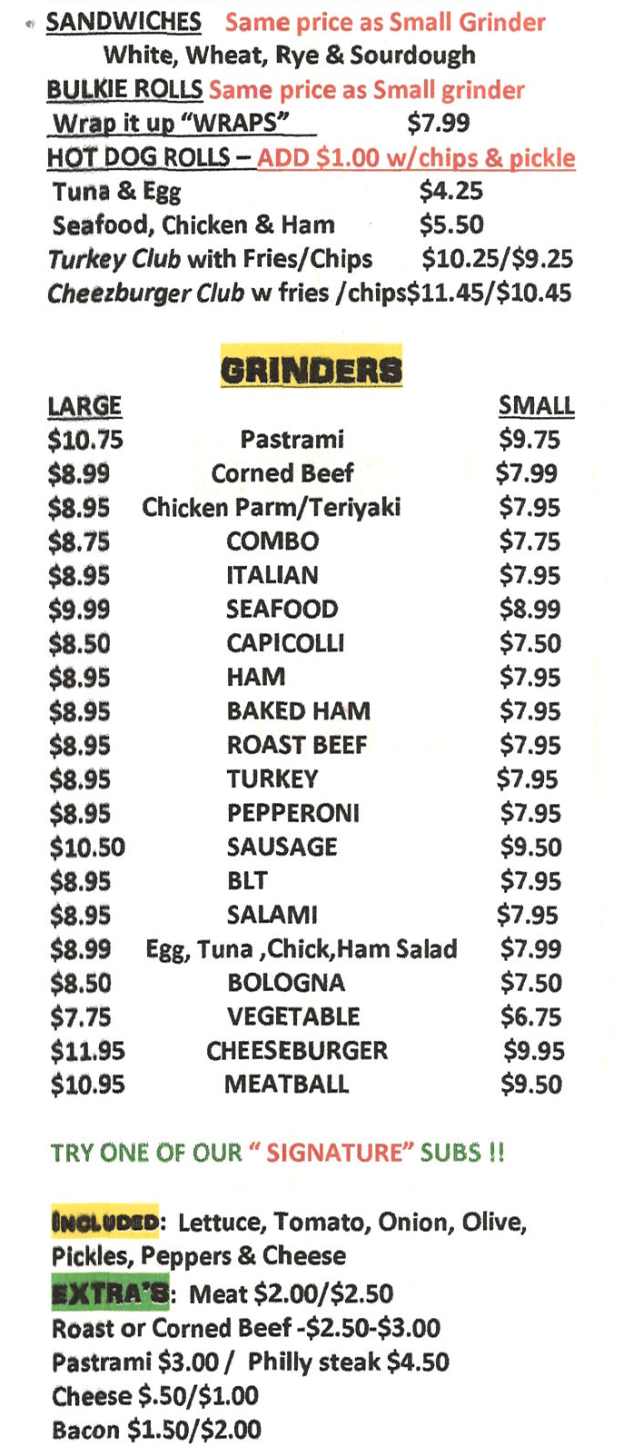 Page 1 of menu, Martin's Mini Mart Bennington, VT