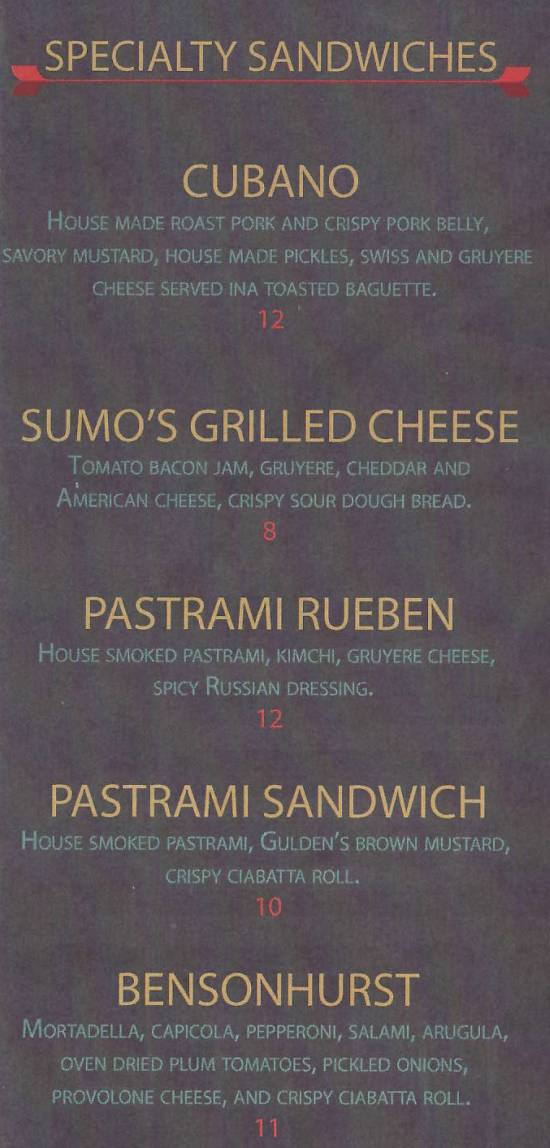 Page 1 of menu, Sumo's Kitchen Hoosick Falls, NY