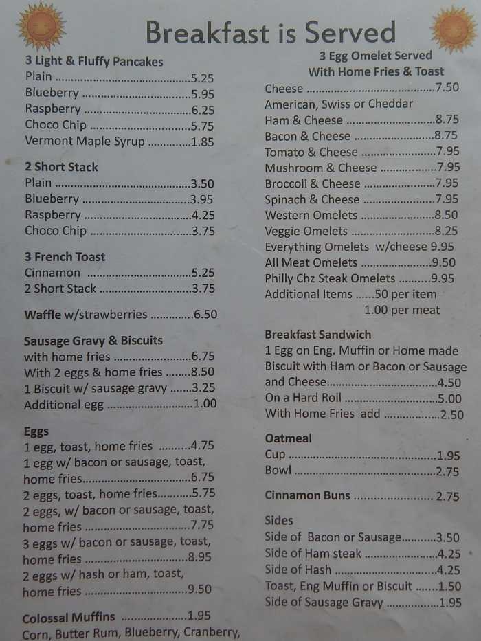 Page 1 of menu, Sunny Side Diner Bennington, VT