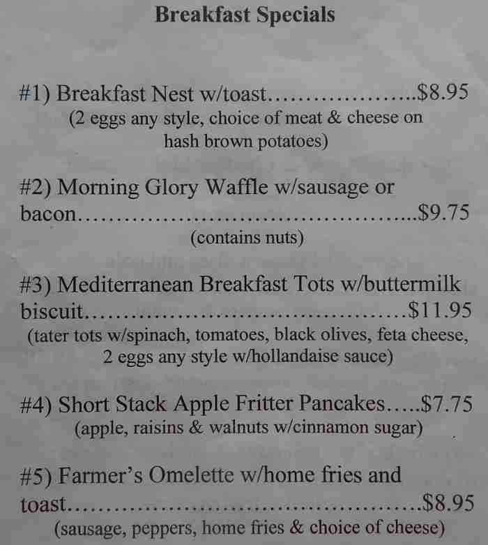 Page 2 of menu, Sunny Side Diner Bennington, VT