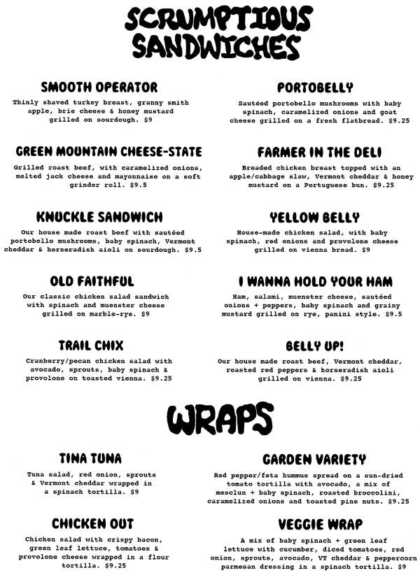 Page 1 of menu, Your Belly's Deli Bennington, VT