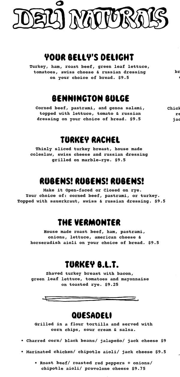 Page 2 of menu, Your Belly's Deli Bennington, VT